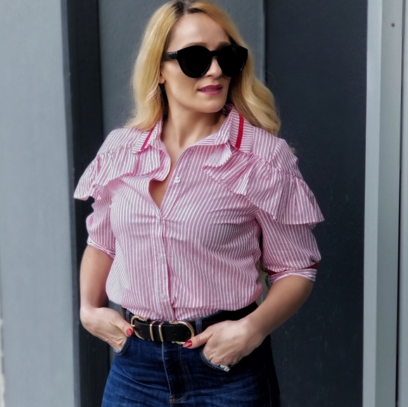 Video! Stripes & Ruffles Button Down Top - Picture 4 of 6